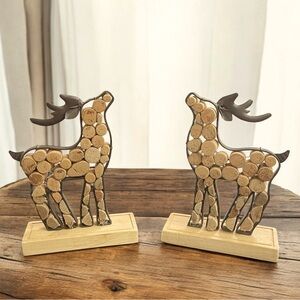 Pink Zebra Cork Wood Metal Deers 8.25"x5.75x2" Primitive Rustic set of 2